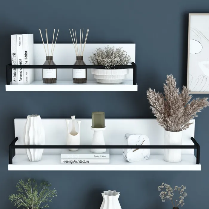 Lot de 2 Etagères murales Grue de tailles différentes panneau de particules acier blanc noir en.casa