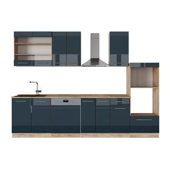 Vicco Cuisine bleu foncé brillant/chêne doré 300cm avec armoire haute, PT Chêne