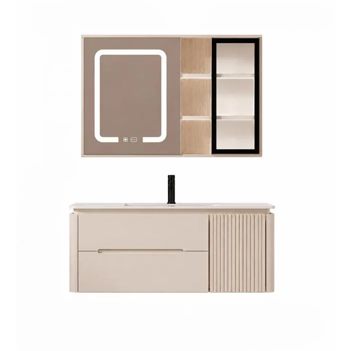Meuble de salle de bain suspendu 100 cm avec plan vasque et armoire miroir LED de salle de bain - Beige cachemire - CYLIA