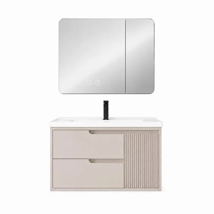 Meuble de salle de bain suspendu 100 cm avec plan vasque et armoire miroir LED de salle de bain - Beige cachemire - SEREN
