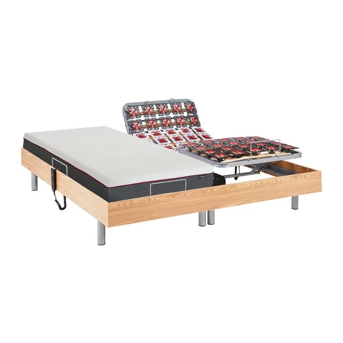 Lit électrique de relaxation tout plots + matelas mémoire de forme - 2 x 80 x 200 cm - Chêne - ATRIDE de YSMÉE