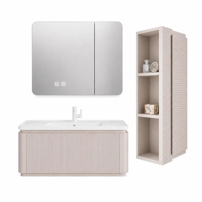 Meuble de salle de bain suspendu 80 cm avec plan vasque, armoire miroir LED et colonne de salle de bain - Beige cachemire - SARIA