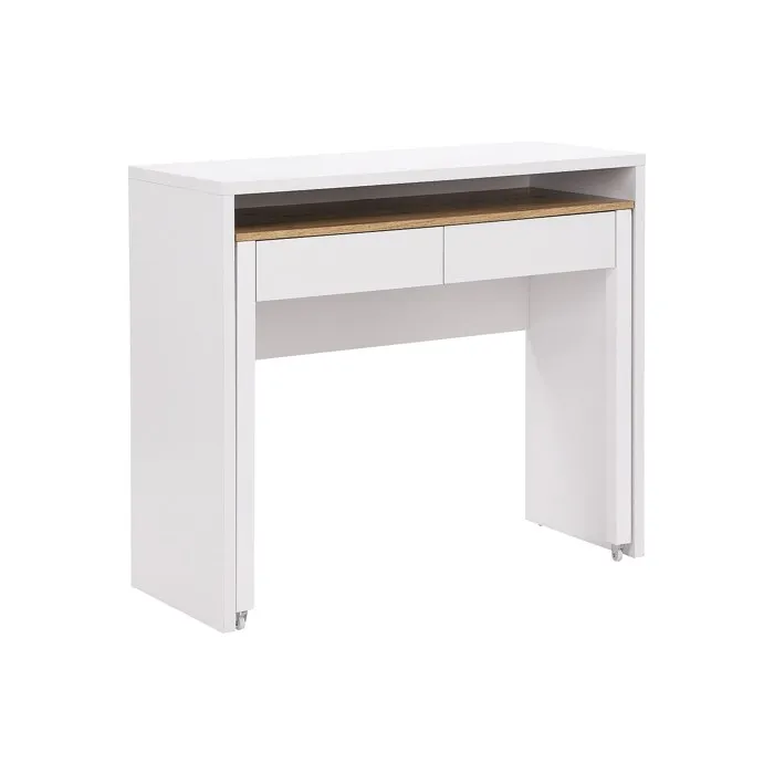 Bureau console extensible avec 2 tiroirs - Blanc et naturel - LOAVIA