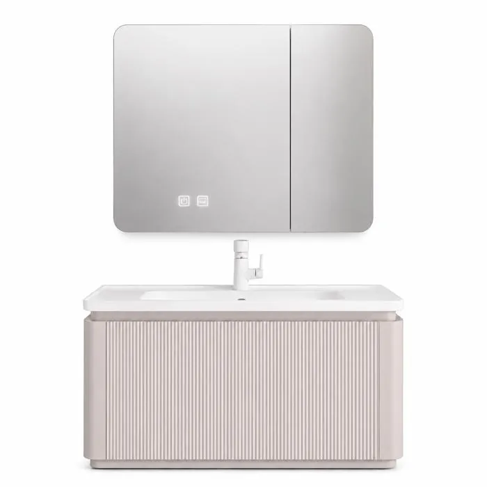 Meuble de salle de bain suspendu 100 cm avec plan vasque et armoire miroir LED de salle de bain - Beige cachemire - SARIA