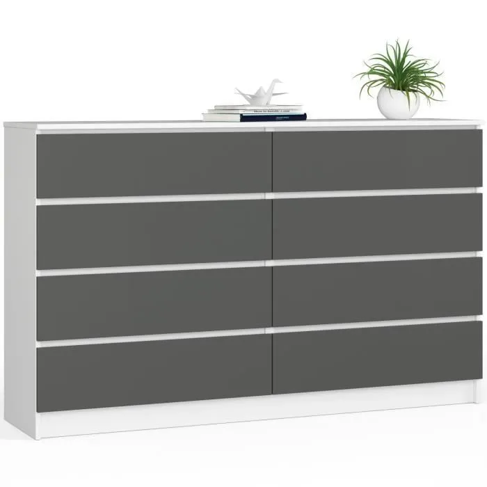 Grande Commode Pour Le Salon Akord K160 Blanche 160 Cm 8 Tiroirs Façade Gris Graphite 160x40x99 Cm