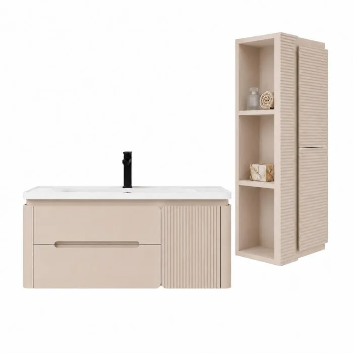 Meuble de salle de bain suspendu 100 cm avec plan vasque et colonne de salle de bain - Beige cachemire - CYLIA