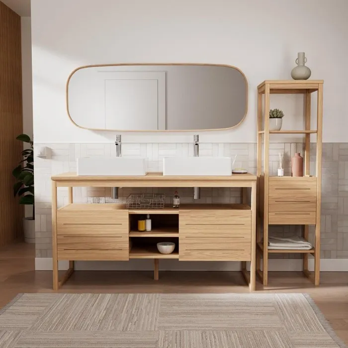 Ensemble meuble double vasque ATOLL 140 cm + Vasques + Robinets + Miroir + Colonne