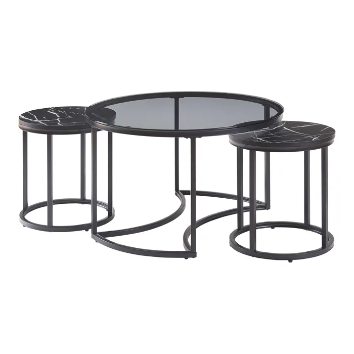 Set de 3 tables basses Kokkola gigognes verre fumé / effet marbre noir en.casa