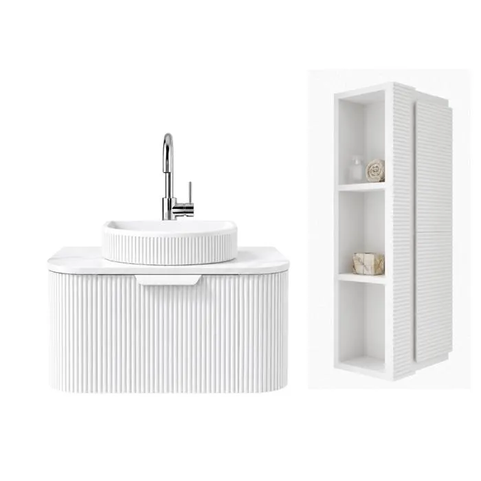 Meuble de salle de bain suspendu 60 cm avec vasque à poser, plan de toilette et colonne de salle de bain - Blanc cassé - RAIN