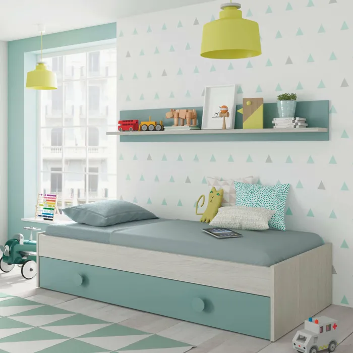 Lit D'enfant Effet Bois Blanc, Vert Aqua 201x98 Cm