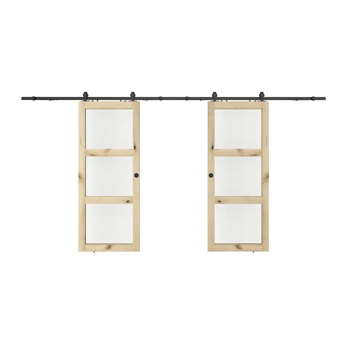 Porte coulissante double avec système en applique en bois et verre trempé - 3 fenêtres - 2 x H205 x L73 cm - ACOSTA II