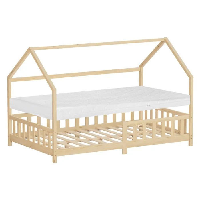 Ml-design Lit Cabane Enfant 120x200 Cm Beige En Bois Avec Matelas, Antichute, Toit Et Sommier À Lattes, Style Maison, Couchage Au Sol Maisonnette Lit Double Adolescent Fille Garçon Chambre À Coucher