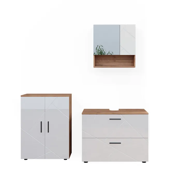 Meubles bain 3 pièces blanc haute brillance/chêne doré 80x58.6cm