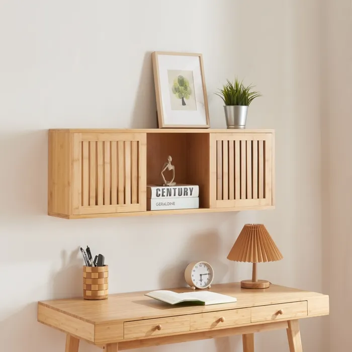 Etagère murale Grums avec 2 portes coulissantes bambou 93 x 20 x 33 cm naturel en.casa