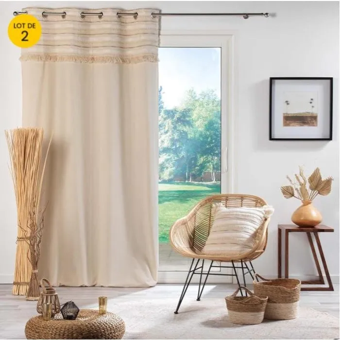 Lot de 2 Rideaux Tamisants à Œillets 140 x 240 cm 100 % Coton Uni + Top Tissé à Franges Atlas Naturel