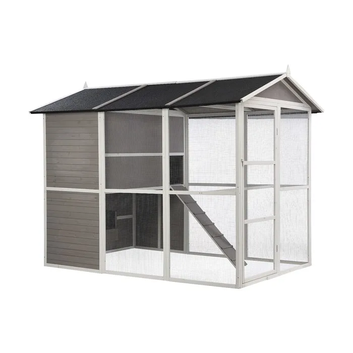 Poulailler en bois avec enclos - 10 poules - L. 266 x P. 174 x H. 205 cm - Blanc et gris - FERAS