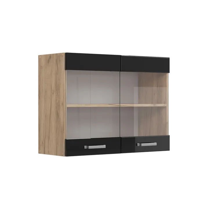 Vicco Meuble de cuisine haut vitré Noir Haute brillance 80cm