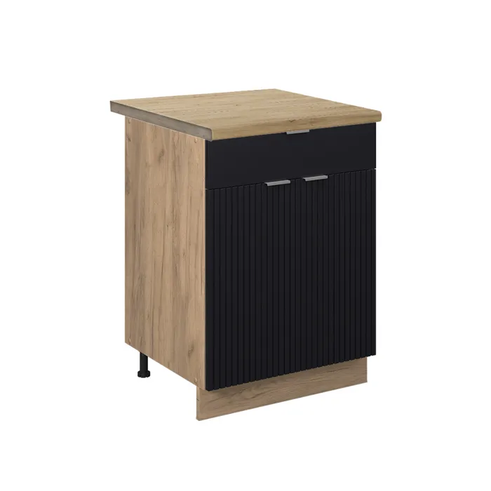 Vicco Meuble cuisine Noir rayé 60cm avec tiroir, PT Chêne