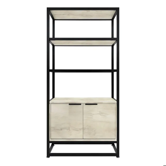 Edo - Étagère Bibliothèque Murale 76x162,5x33,5cm 3 Étagères avec Meuble 2 Portes en Bois Bleach Structure en Métal Noir