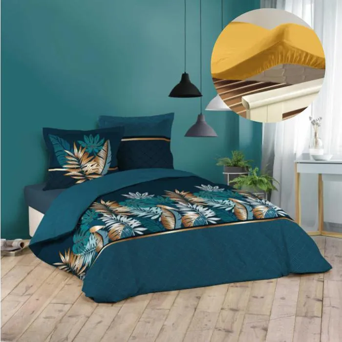 Pack housse de couette 220x240 cm Alianor + drap housse 140x190 Jaune
