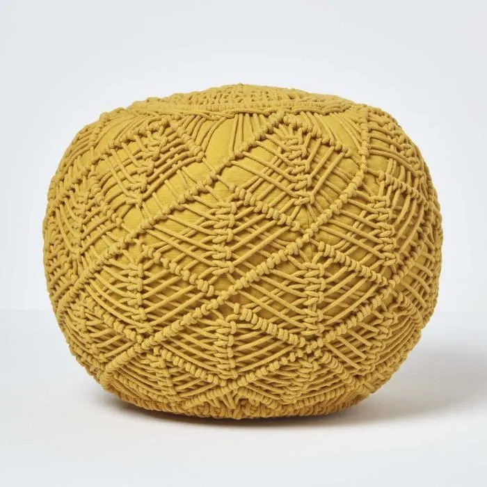 Pouf Tressé En Macramé Jaune Moutarde, 35x40cm - Homescapes