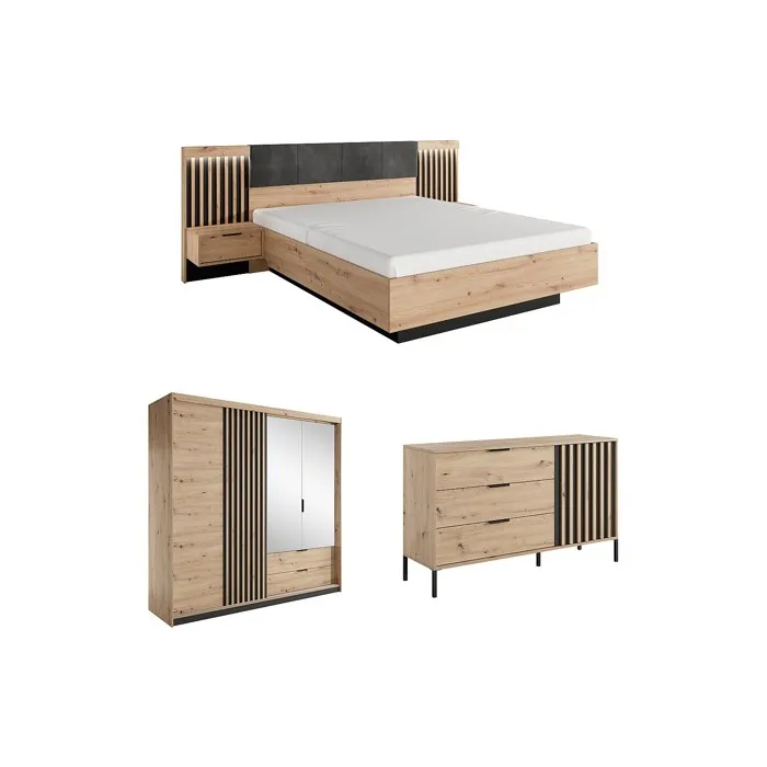 Ensemble lit avec chevets 160 x 200 cm + Commode + Armoire - Coloris: Naturel et noir - ARIADA