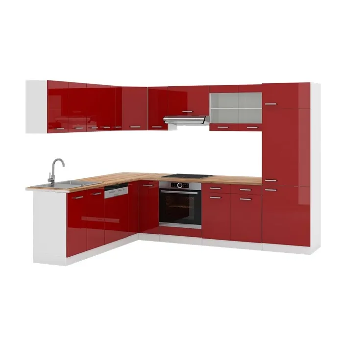 Vicco Cuisine en angle Rouge brillant/Blanc 287 x 227 cm, PT Chêne