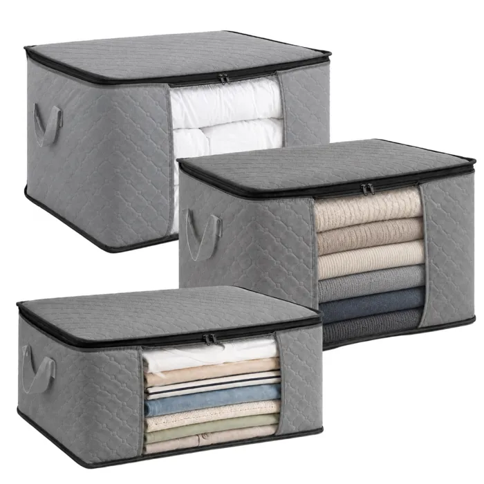 Lot de 3 sacs de rangement pliable pour vêtements, linge de maison avec poignées - Tissu - 35 L, 60 L et 90 L - Gris - Vivezen