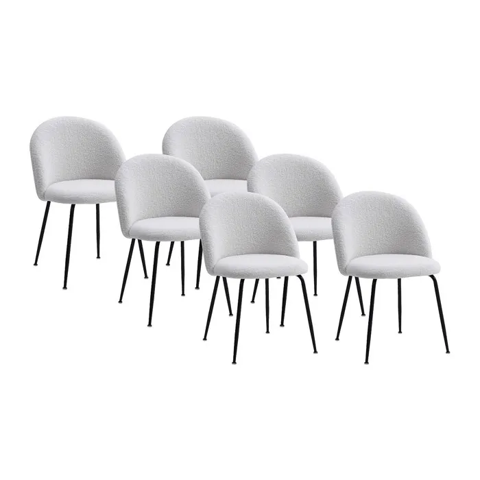Lot de 6 chaises en tissu bouclette et acier inoxydable noir - Blanc - MELBOURNE