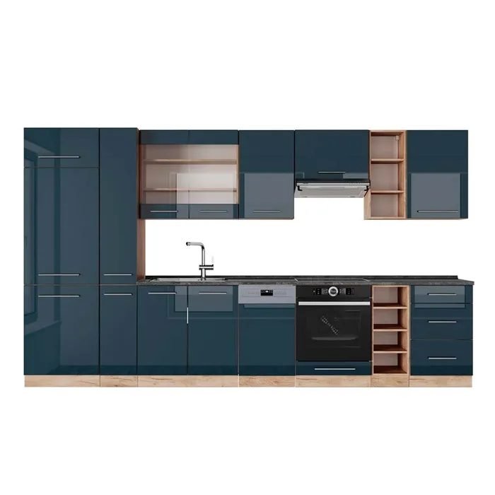 Vicco Cuisine bleu foncé brillant/chêne doré 355cm, PT Anthracite