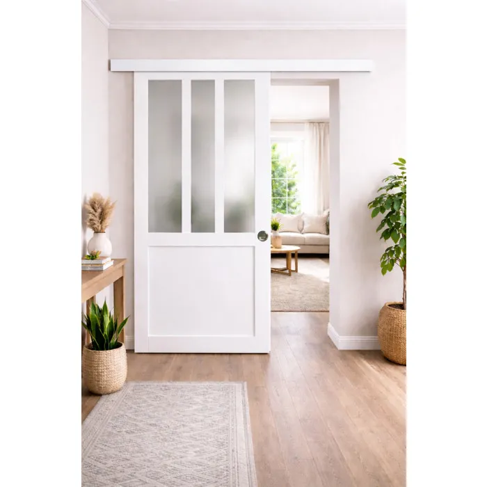 Porte Coulissante Atelier Blanc Vitre Depoli H204 X L83 Cm, Rail Alu Bandeau Blanc, Coquilles Gd Menuiseries