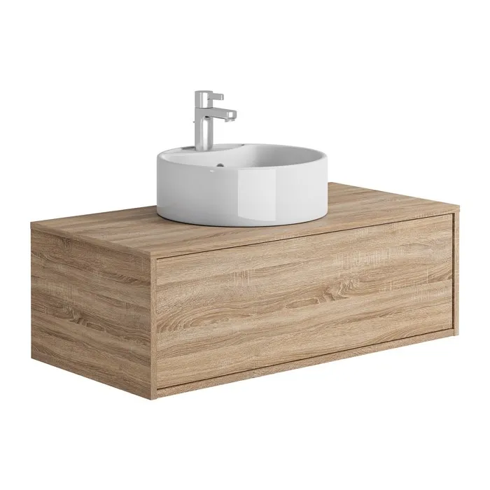 Meuble de salle de bain suspendu coloris naturel clair avec simple vasque ronde - 94 cm - TEANA II