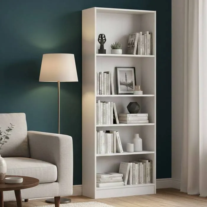 Bibliothèque Abelarda, Etagère de bureau, Porte-livre mobile, Librairie, 79x27 h203 cm, Blanc