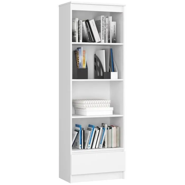 Bibliothèque De Bureau Akord R60 Blanche 60 Cm 1 Tiroir Façade Blanche 4 Étagères 60x35x180 Cm