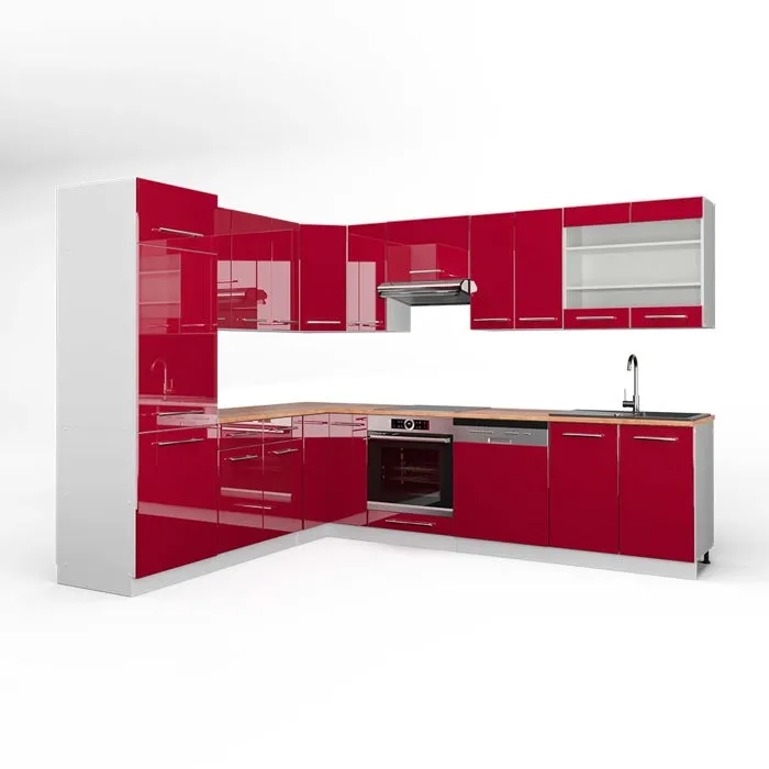 Vicco Cuisine en angle Rouge bordeaux Haute brillance/Blanc 287 x 227 cm, PT Chêne