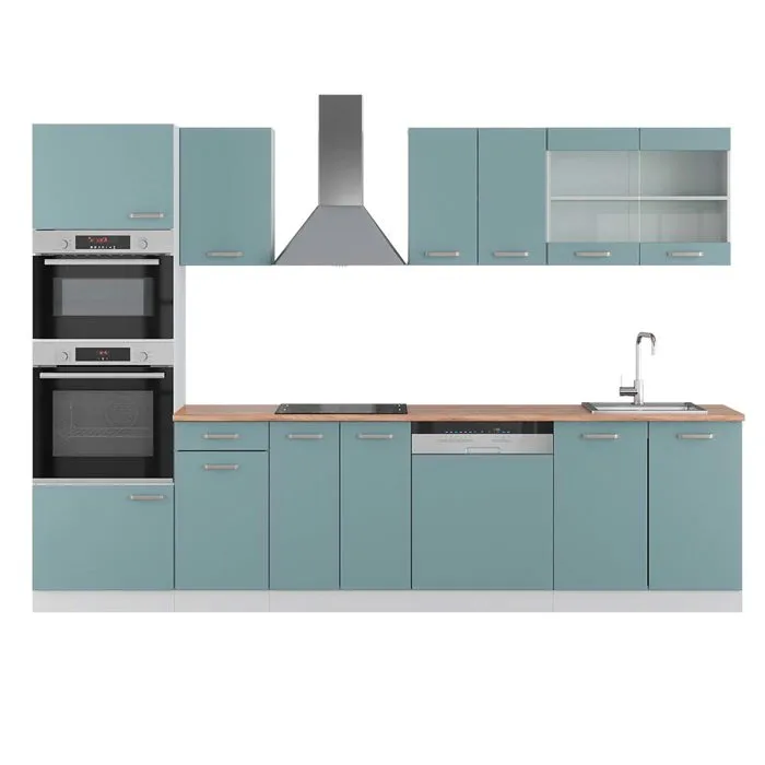 Vicco Cuisine Bleu-gris/blanc 300cm avec armoire haute, PT Chêne