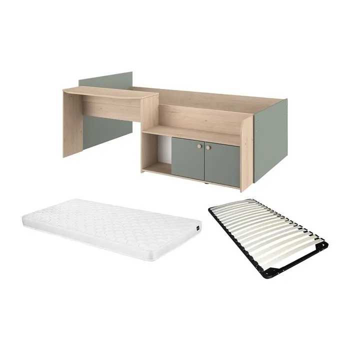 Lit combiné 90 x 190/200 cm - Coloris: Naturel et vert + Sommier + Matelas - MIVONA