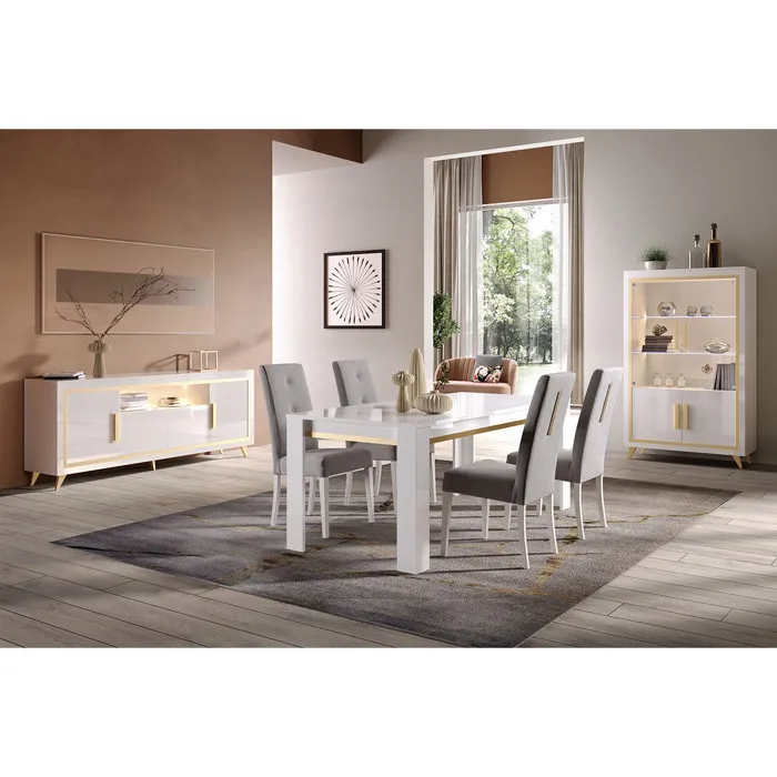 Jemma - Ensemble Séjour Complet Blanc Décor Doré Table 190cm + Buffet Et Vitrine Avec Leds