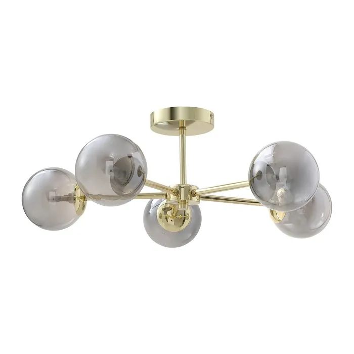 Plafonnier en métal et verre fumé brillant - 5 globes - D. 58,5 x H. 21 cm - Doré - SOFIA