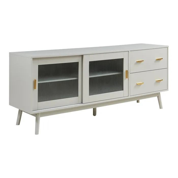 Meuble TV Susa avec façade en verre strié 160 x 40 x 65 cm beige en.casa