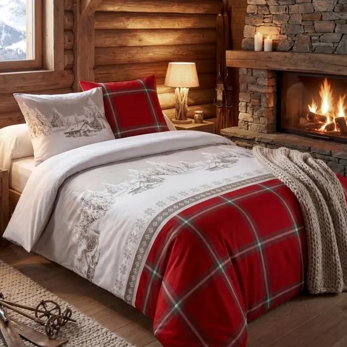 Housse de couette 240x220 + 2 taies coton 57 fils MONTAGNE ROUGE