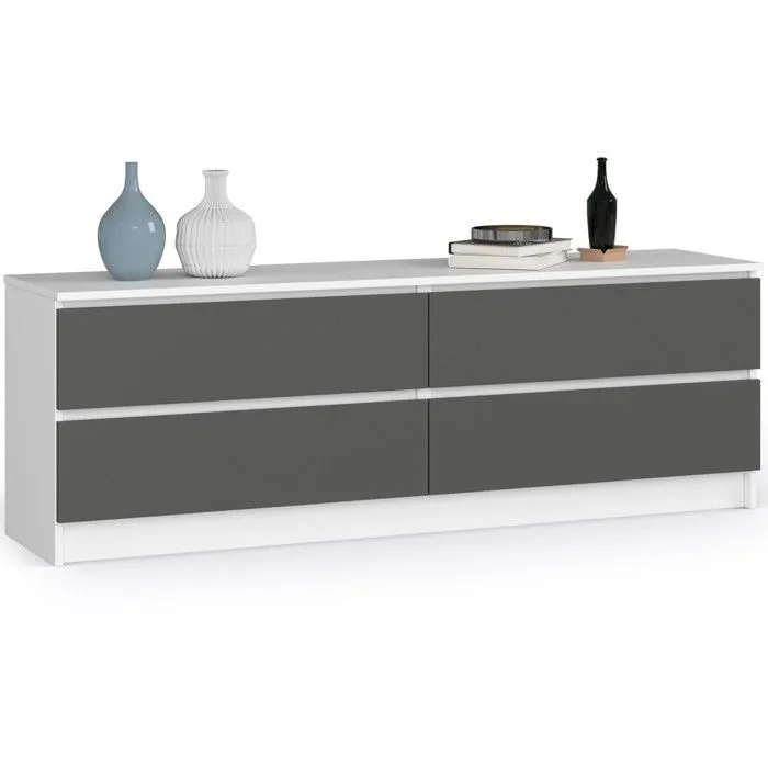 Grande Commode Pour Le Salon Akord K160 Blanche 160 Cm 4 Tiroirs Façade Gris Graphite 160x40x55 Cm