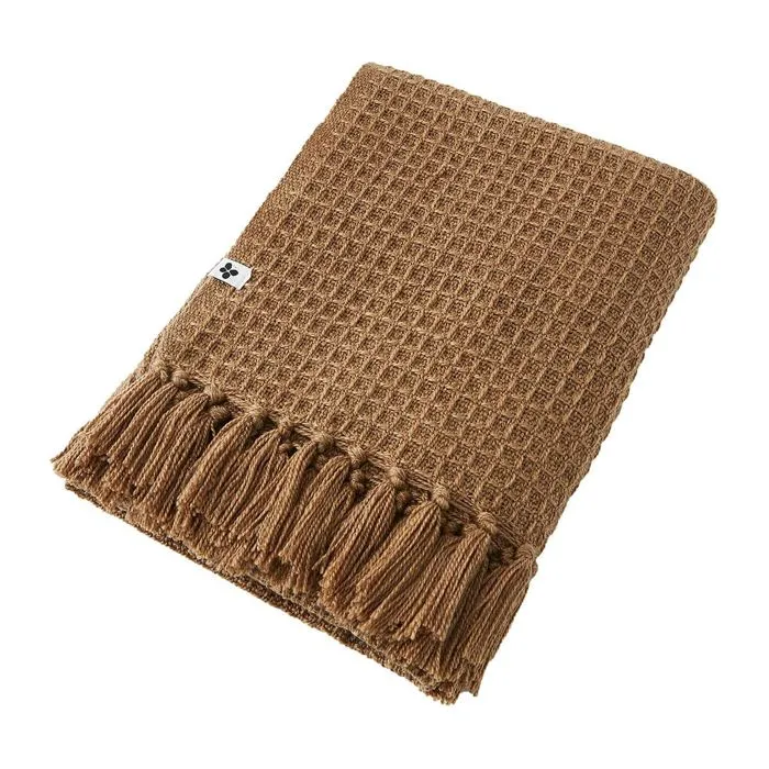 Karl - Plaid À Franges 100% Recyclé Tissage Nid D'abeilles 130x160cm Camel