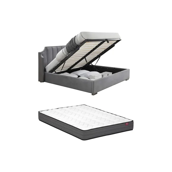 Lit coffre 180 x 200 cm avec tête de lit incurvée - Velours - Gris clair + Matelas - TEOMIS