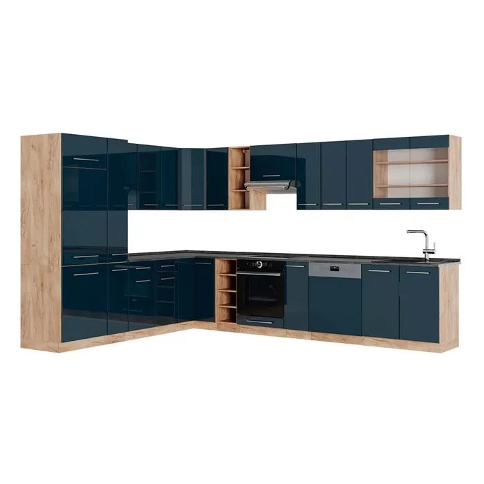 Vicco Cuisine en angle Bleu foncé brillant/Chêne de force doré 347 x 257 cm, PT Anthracite