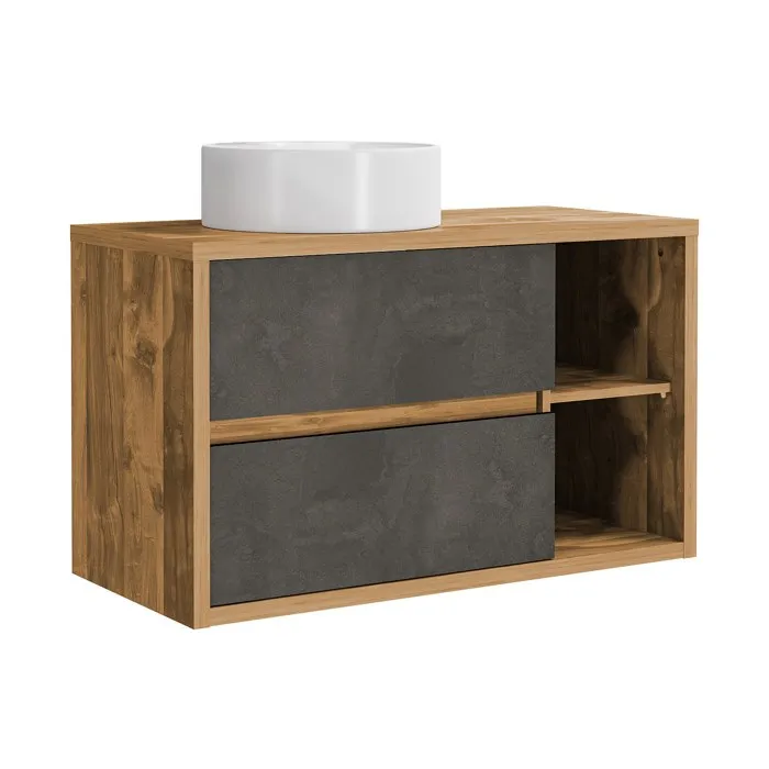 Meuble de salle de bain suspendu avec vasque ronde - Coloris naturel et anthracite - 100 cm - TIKITIKI