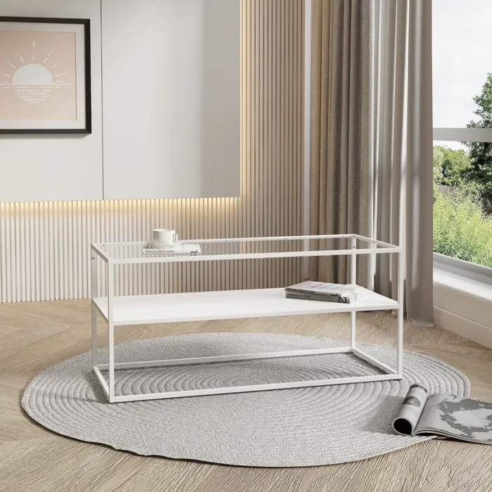 Table basse Solund avec étagère acier verre trempé 102 x 43 x 46 cm blanc mat en.casa