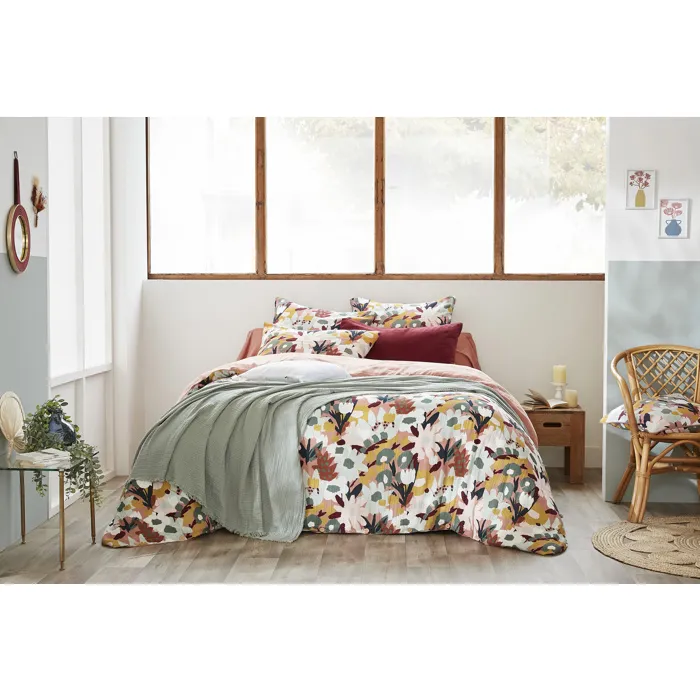 Housse de couette réversible 200 x 200 cm Double gaze de coton imprimée LÉANE Rose pêche