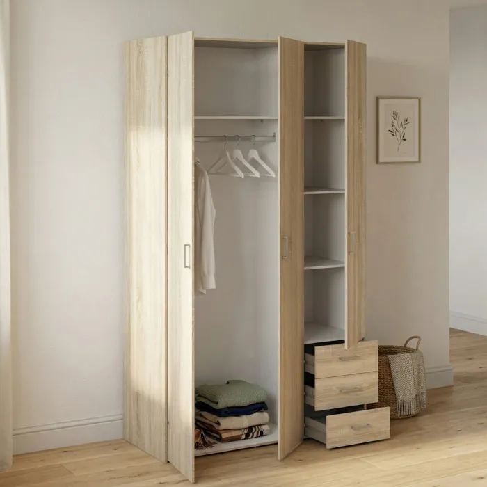Garde-robe 3 portes Aquilone, Meubles de chambre, Penderie de plain-pied, Placard à vêtements, 116x50 h200 cm, Chêne