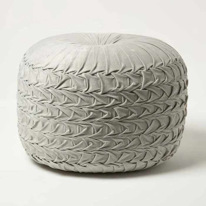 Pouf Rond Grace En Velours Plissé, Gris - Homescapes